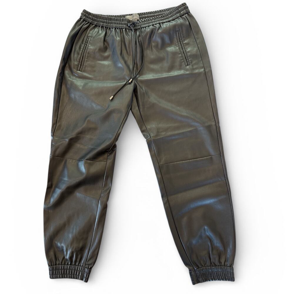 Anthropologie Sakara Black Faux Leather Joggers Elastic Drawstring Waist Size L